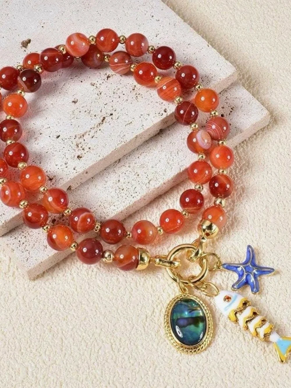 NEW Carnelian Beaded Necklace with Ocean Charms